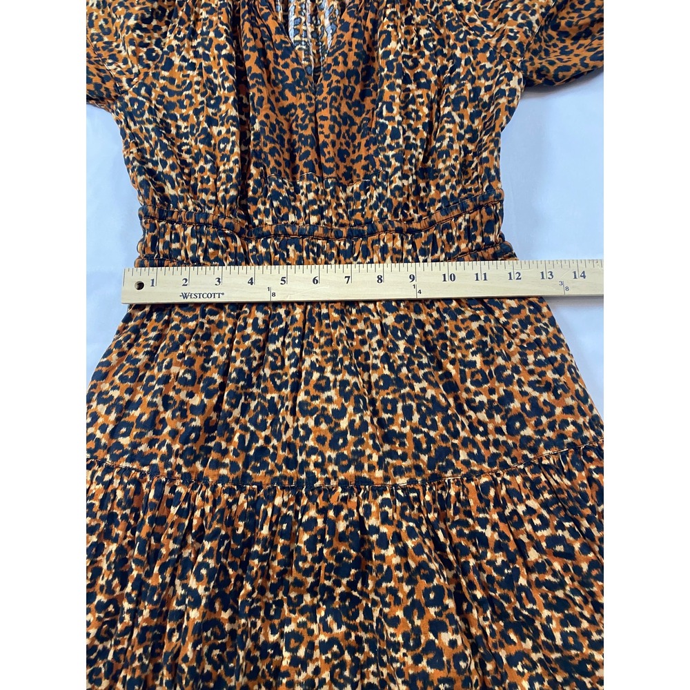 Ulla Johnson Leopard Print Mini Dress Brown V-Neck Puff Sleeve Smocked Waist 2 - Picture 12 of 15